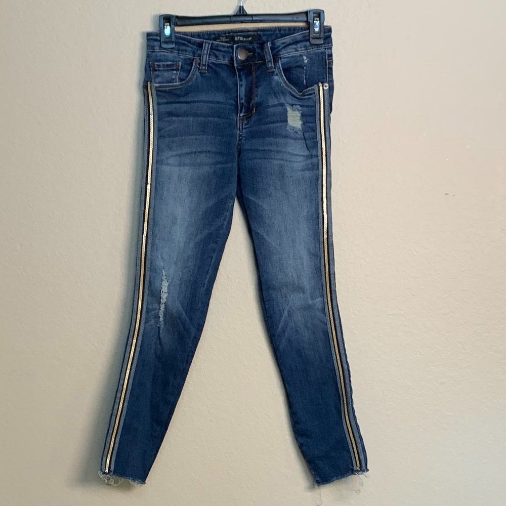 STS Blue Piper Ankle Skinny raw hem sequin side stripe jeans jeggings